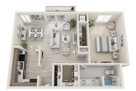 A 3D floor plan of a two-bedroom apartment with a living room, kitchen, and bathroom.